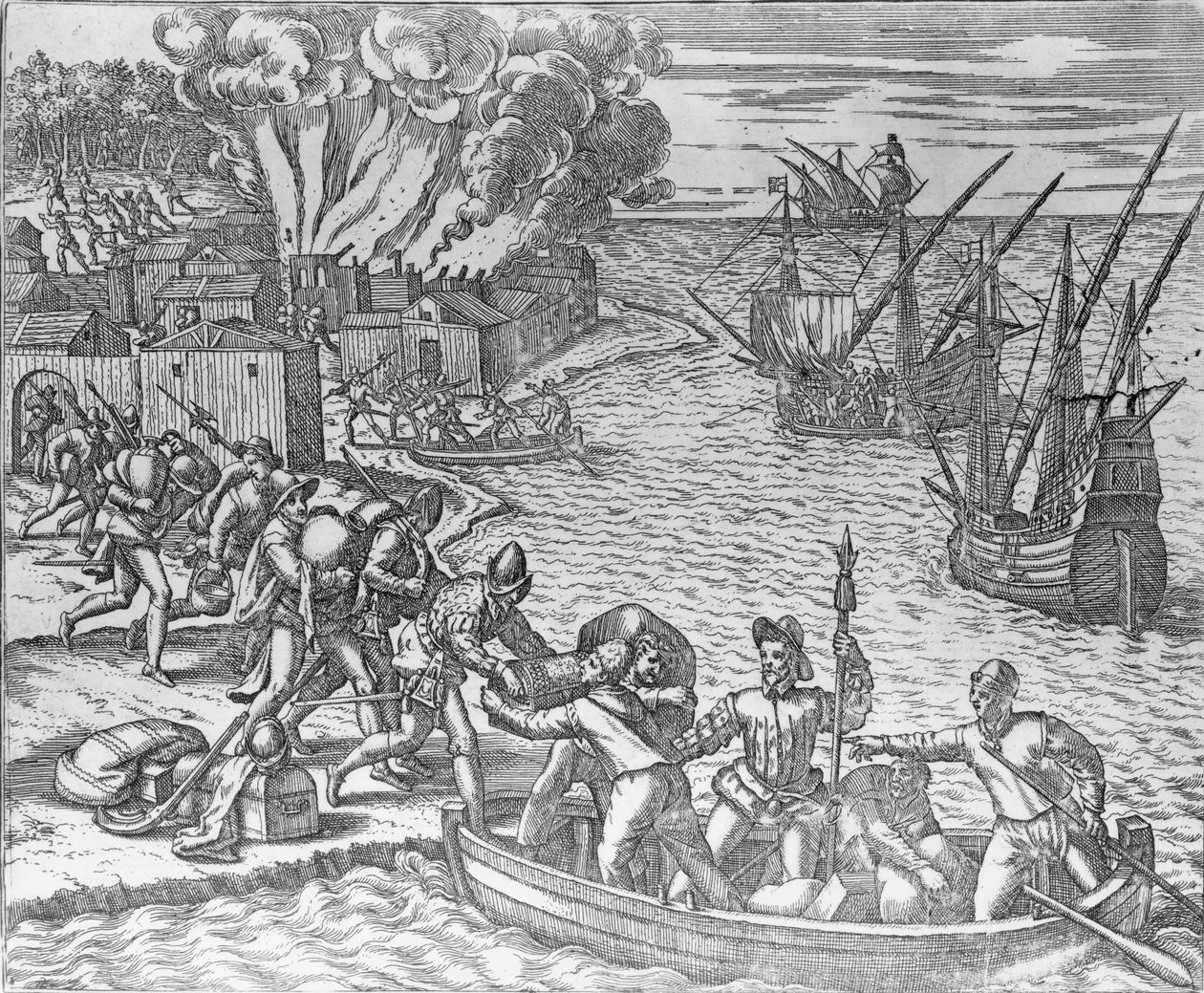 Den franska flottan plundrar och sätter staden Chioreram i brand, graverad av Theodore de Bry (1528-98) av German School