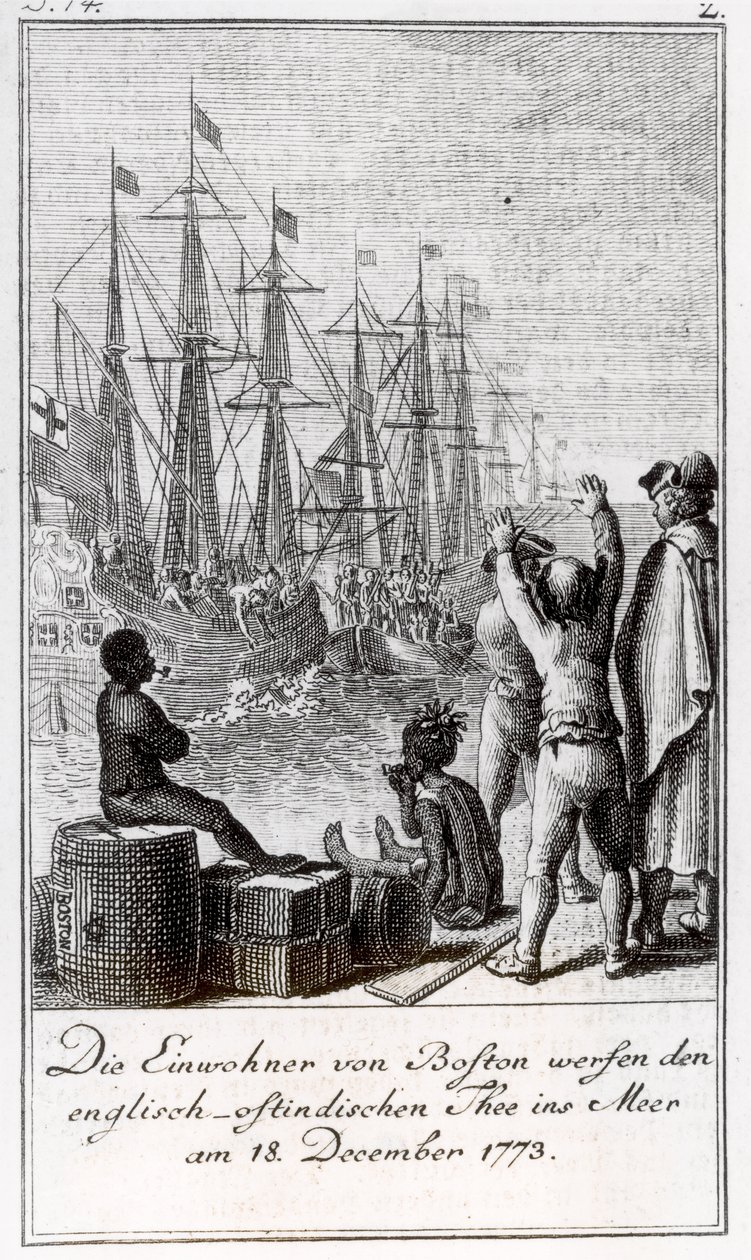 Invånarna i Boston kastar engelsk-östindisk te i havet, 18 december 1773 av German School