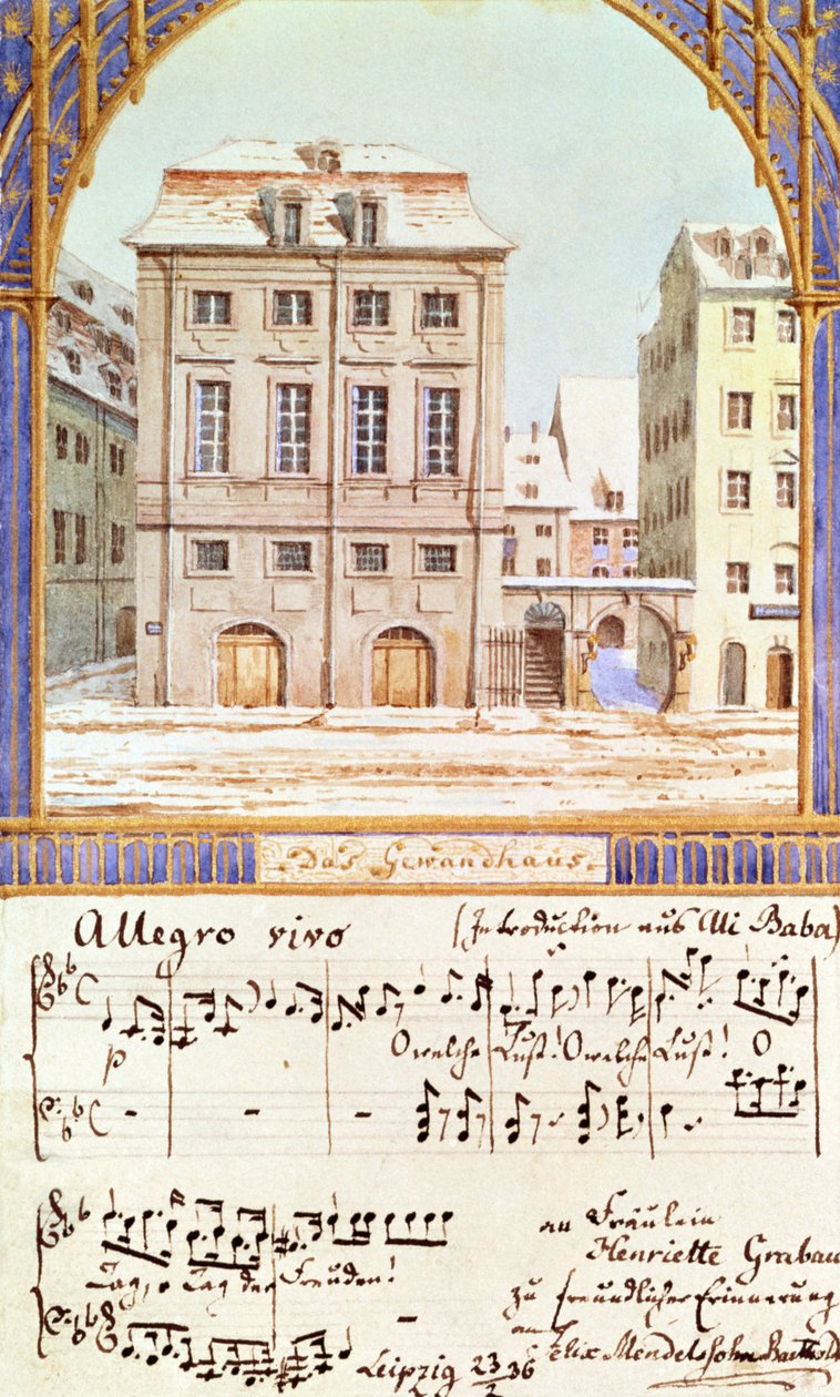 Leipzig Gewandhaus med ett musikstycke av Felix Mendelssohn (1809-47) av German School