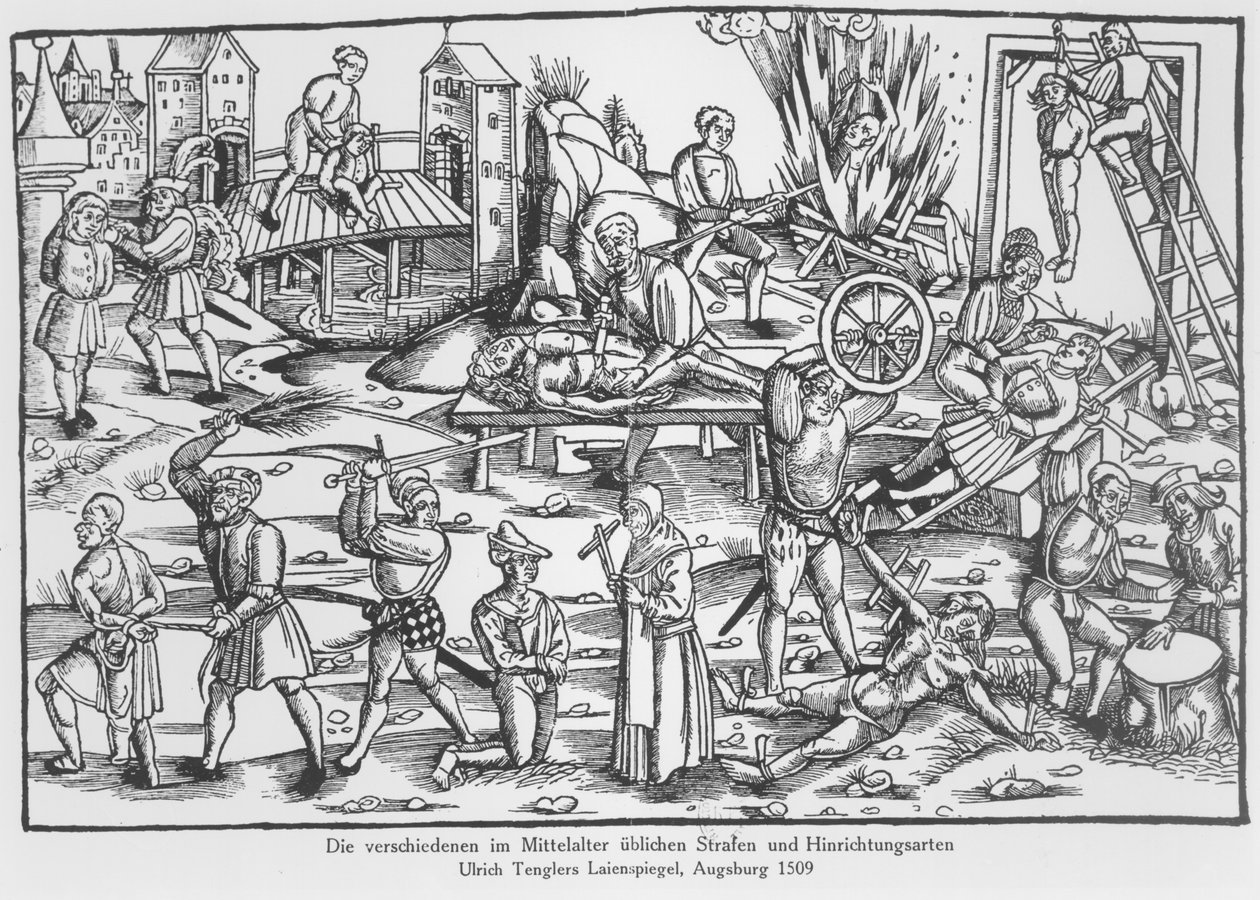 De vanliga straffen i Tyskland under medeltiden, illustration från Laienspiegel av Ulrich Tengler, publicerad Augsburg 1509 av German School