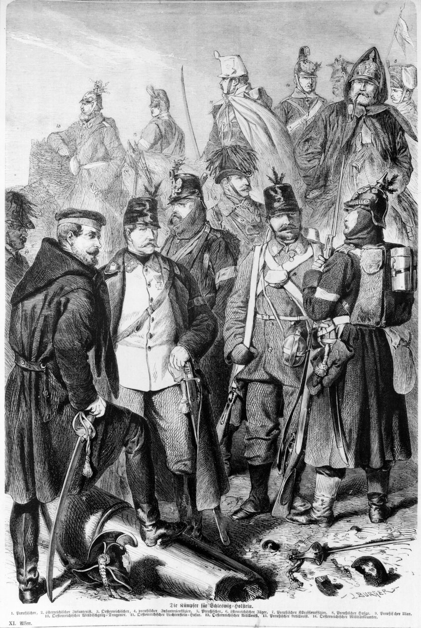 Hertigdömenas krig, österrikiska och preussiska soldater och officerare som kämpar för Schleswig-Holstein, 1864, publicerad i Leipzig av German School