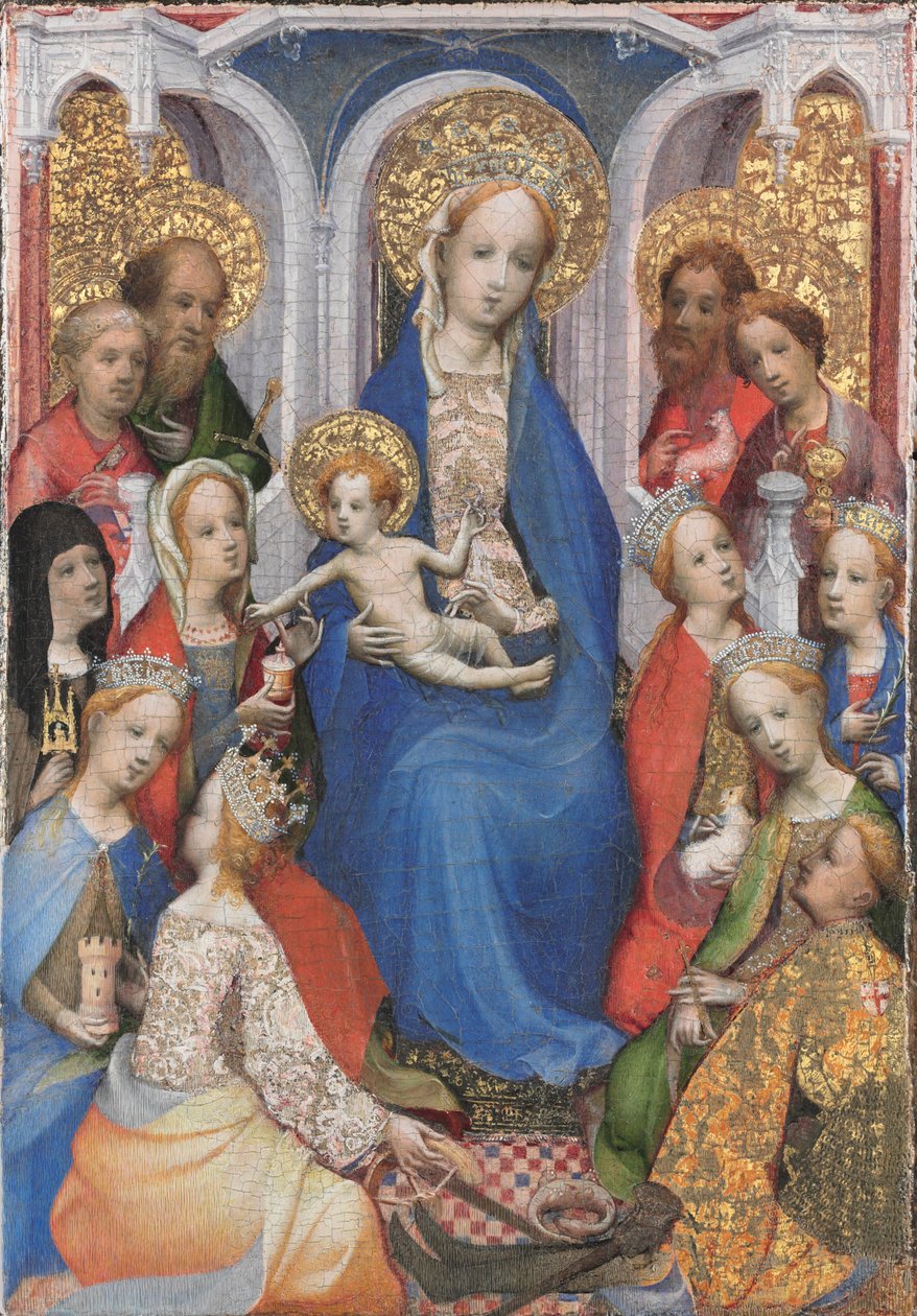 Enthroned Virgin and Child, med de heliga Paul, Peter, Clare av Assisi, Maria Magdalena, Barbara, Katarina av Alexandria, Johannes Döparen, Johannes evangelisten, Agnes, Cecilia, Margaret av Antiochia och George av Master of Saint Veronica