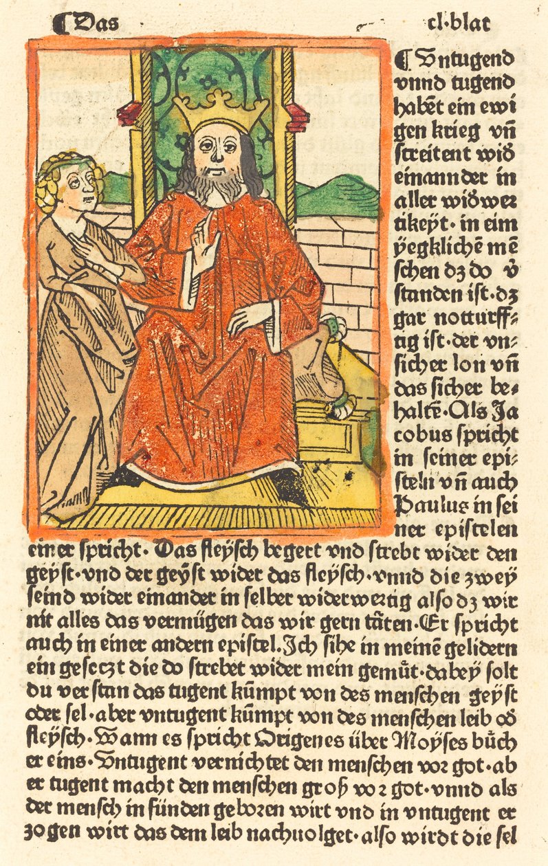 Kronad man på en tron med jungfrun stående till vänster av German 15th Century