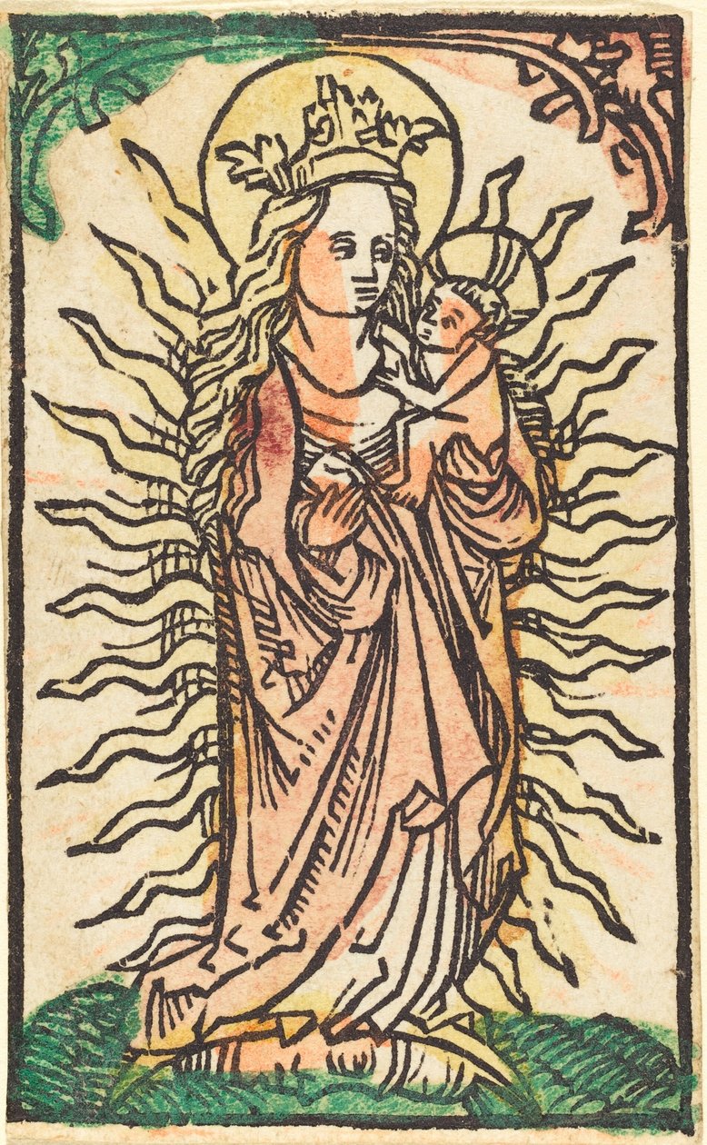 Madonna och barn i en härlighet som står på en halvmåne av German 15th Century