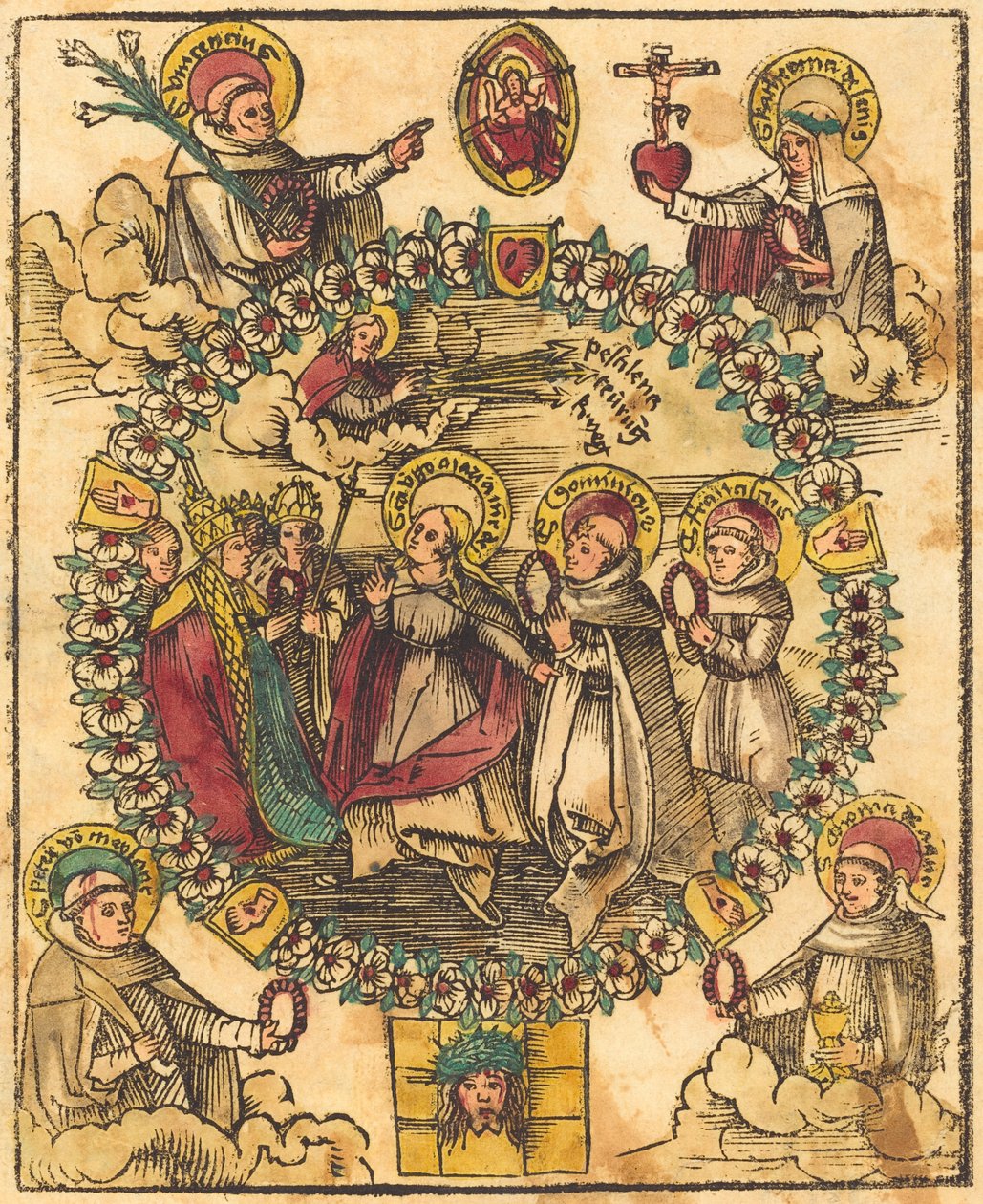 Madonna i en radband med heliga av German 15th Century
