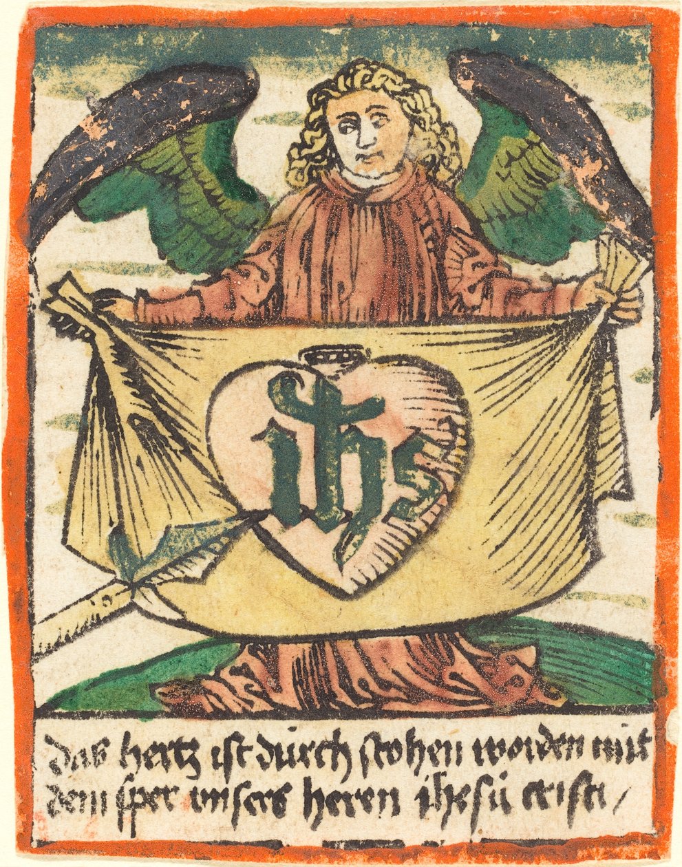 Heligt monogram i ett heligt hjärta på ett tyg som hålls av en ängel av German 15th Century