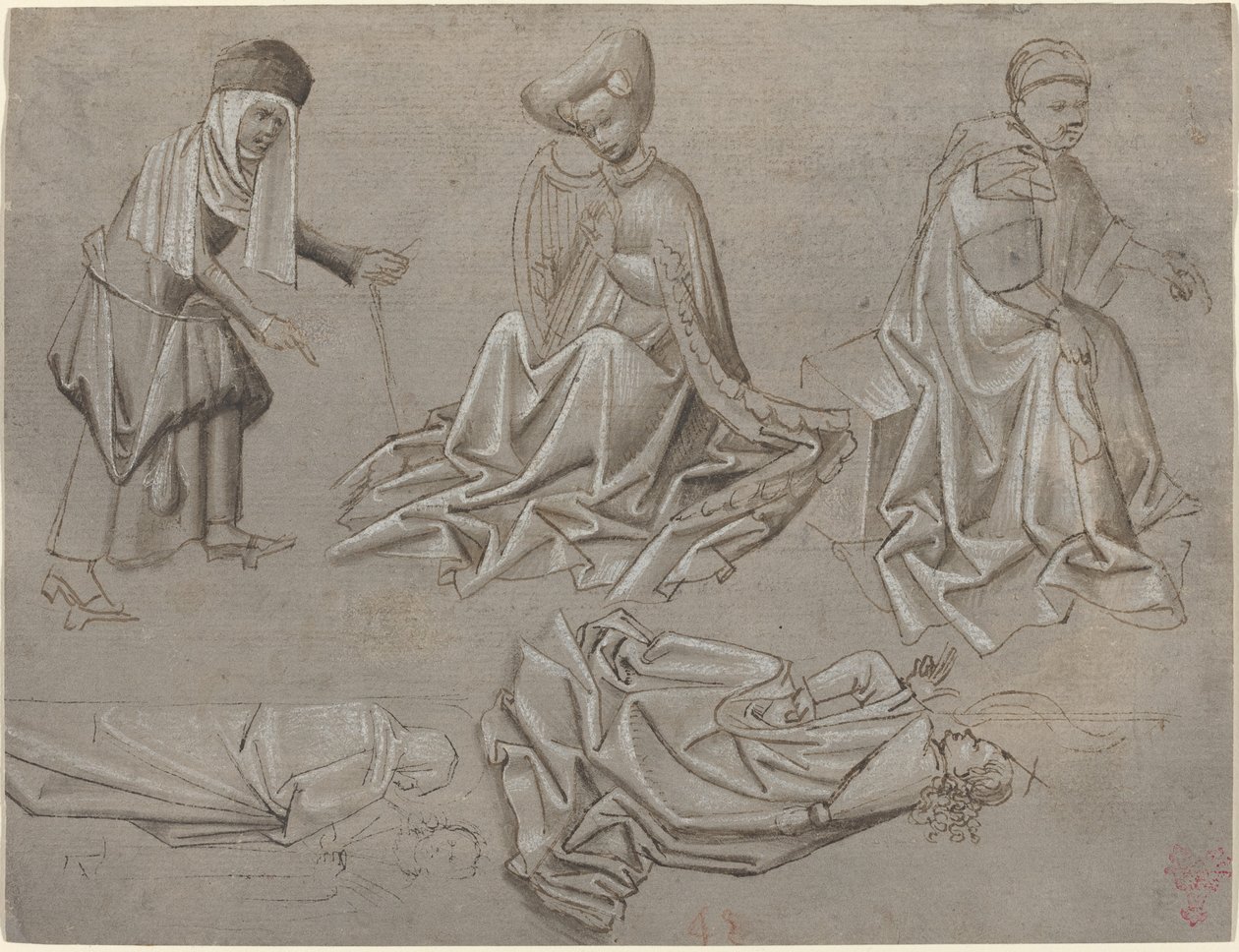 Studier för sex figurer (ark från en modellbok) [recto] av German 15th Century