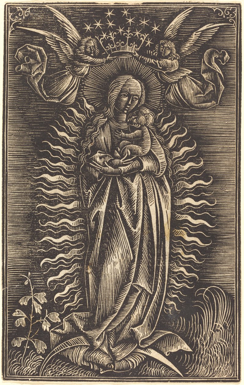 Jungfrun krönt av två änglar av German 15th Century