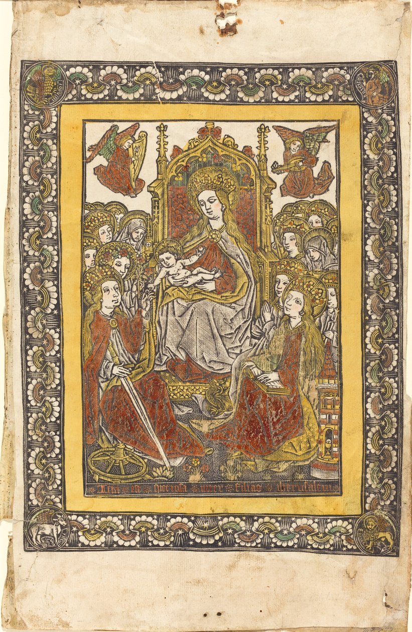 Madonnan på tronen med arton heliga kvinnor av German 15th Century or Master with the Mountain Like Clouds