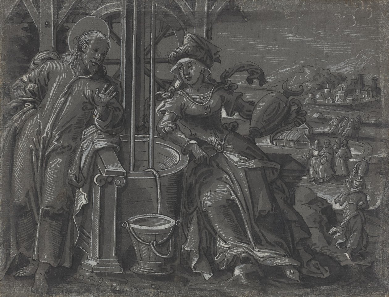 Kristus och Samariens kvinna [verso] av German 16th Century