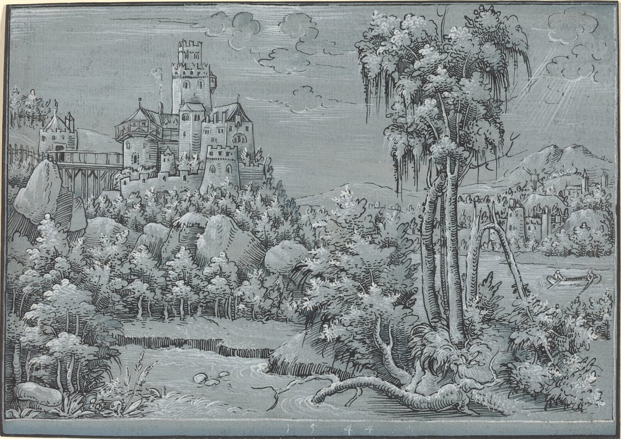 Landskap med ett slott av German 16th Century