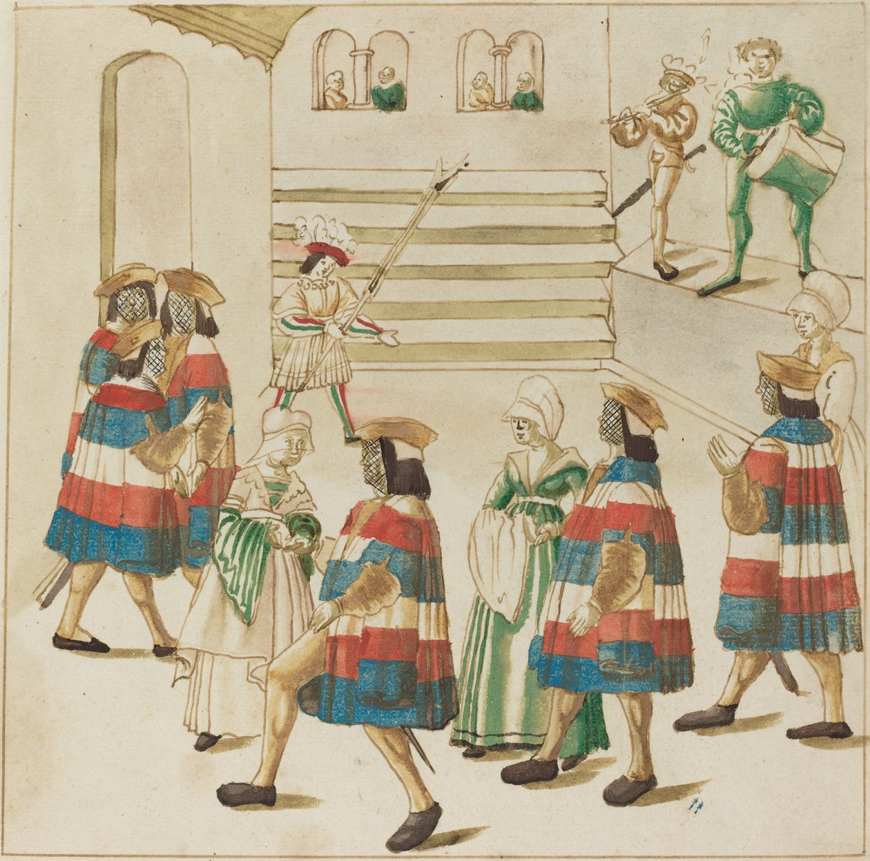 Män i rött, vitt och blått dansar med sina partners av German 16th Century