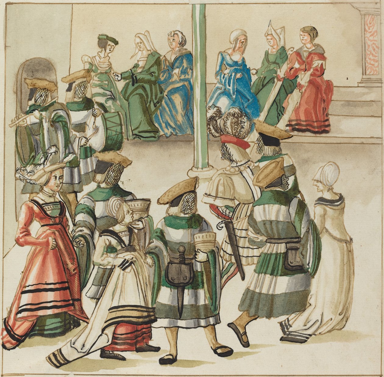 Tre dansande par ledda av två riddare i rum med kolumn av German 16th Century