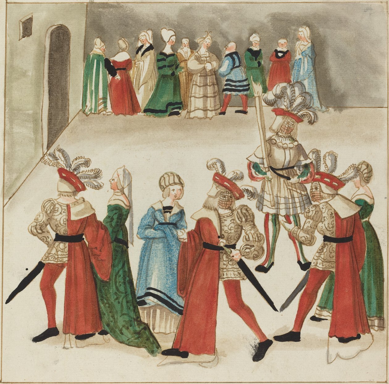 Tre män i röda uddar som dansar med sina partners av German 16th Century