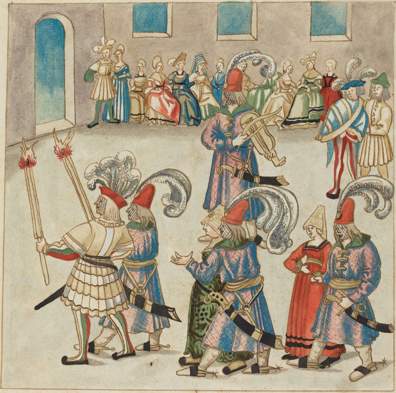Två dansande par ledda av riddare som bär ficklampor av German 16th Century