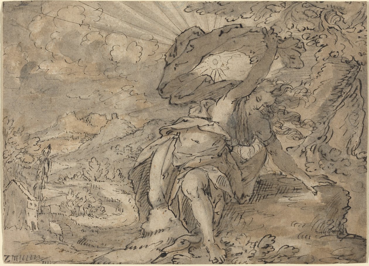Allegorisk kvinnlig figur i ett landskap [recto] av German 17th Century