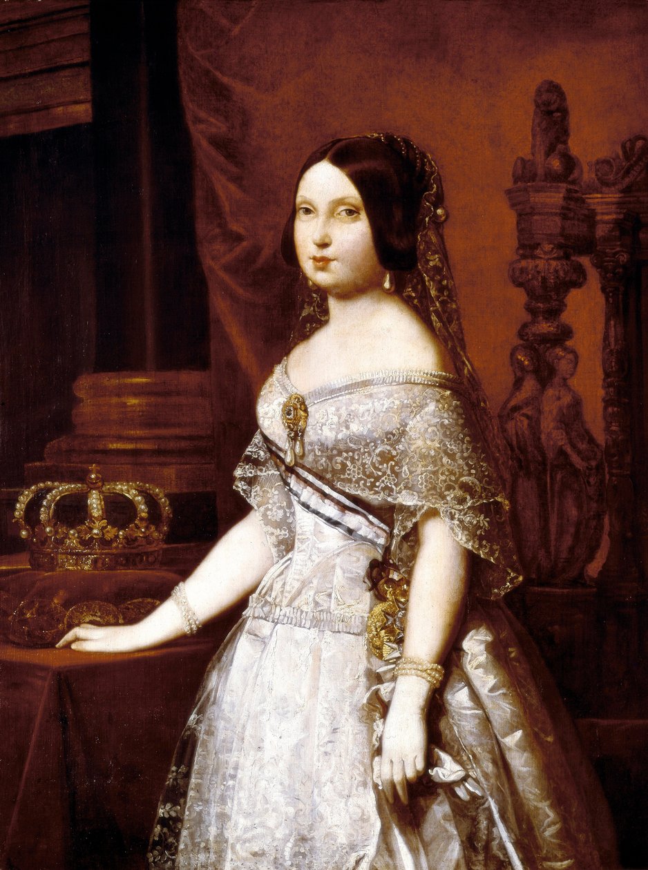 Porträtt av drottningen av Spanien, Isabella II av Spanien (1830-1904), drottning av Spanien. Målning av tysken Hernandez Amores (1823-1894) av German Hernandez Amores