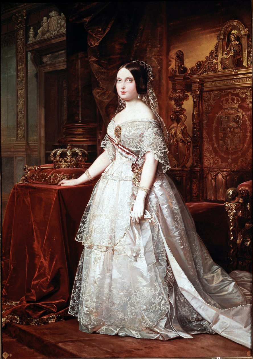 Porträtt av drottningen av Spanien Isabelle de Bourbon (Isabel de Borbon) II (1830-1904) Målning av tysken Hernandez Amores (1823-1894) av German Hernandez Amores