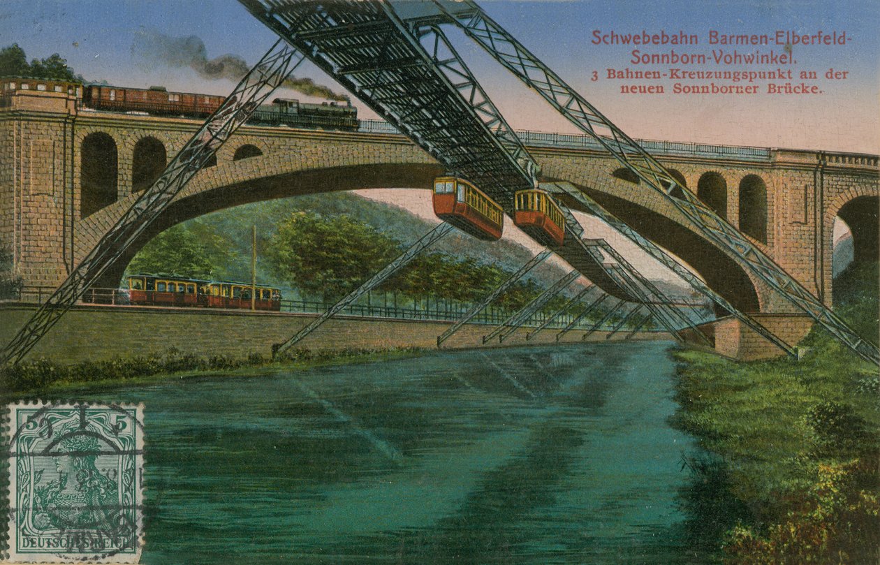 Hängbanan Barmen-Elberfeld-Sonnborn-Vohwinkel och den nya Sonnbornbron, Tyskland. Vykort skickat 1913. av German Photographer