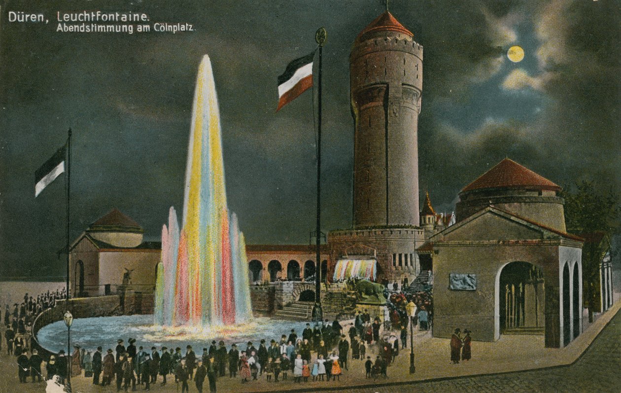 Duren, Leuchtfontaine, kvällsstämning på Colnplatz. Vykort skickat den 20 mars 1913. av German Photographer