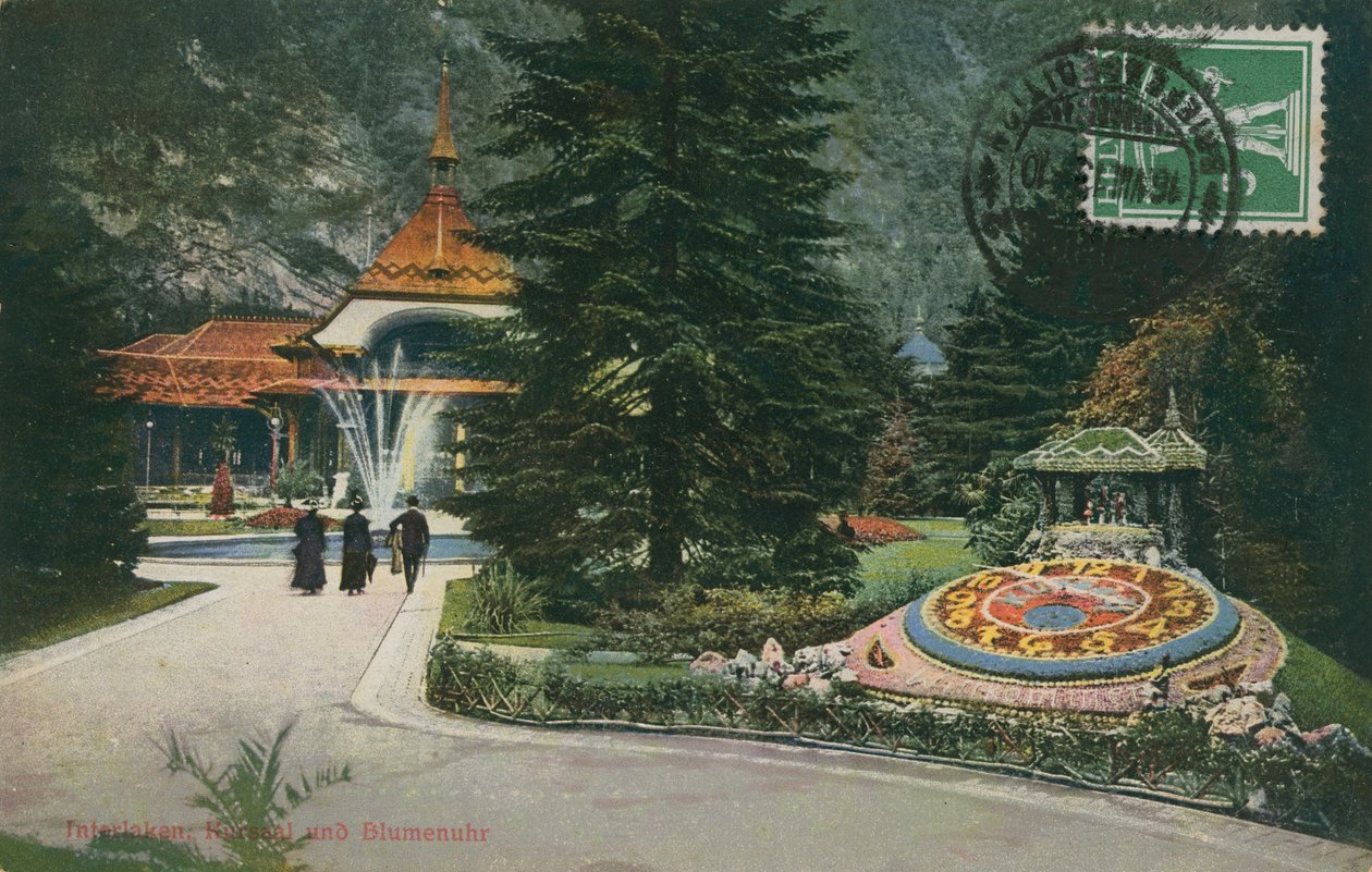 Interlaken, Kursaal och blomsterklocka. Vykort skickat den 16 augusti 1913. av German Photographer