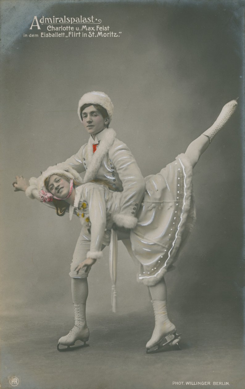 Vykort med skridskoåkare, skickat 1913 (handkolorerat foto) av German Photographer