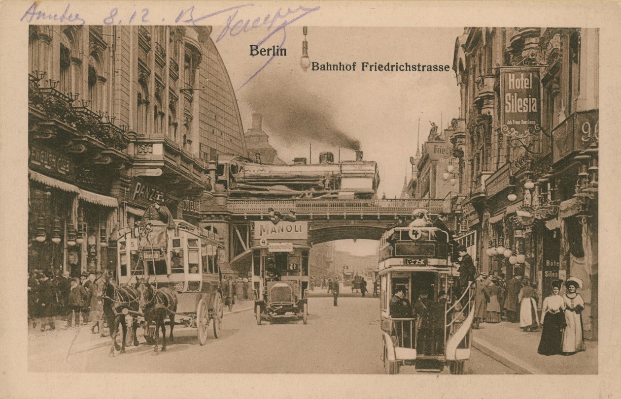 Vykort över järnvägsstationen vid Friedrichstrasse, Berlin, skickat 1913 (svartvitt foto) av German Photographer