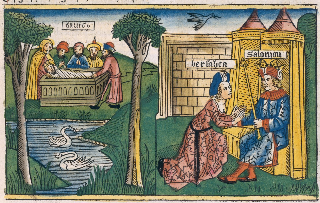 1 Kungaboken 2 10-11 Davids död och 2 Kungaboken 19-25 Batseba ber Salomo att Abishag ska gifta sig med Adonija, från Nürnbergbibeln (Biblia Sacra Germanaica) (färgat träsnitt) av German School