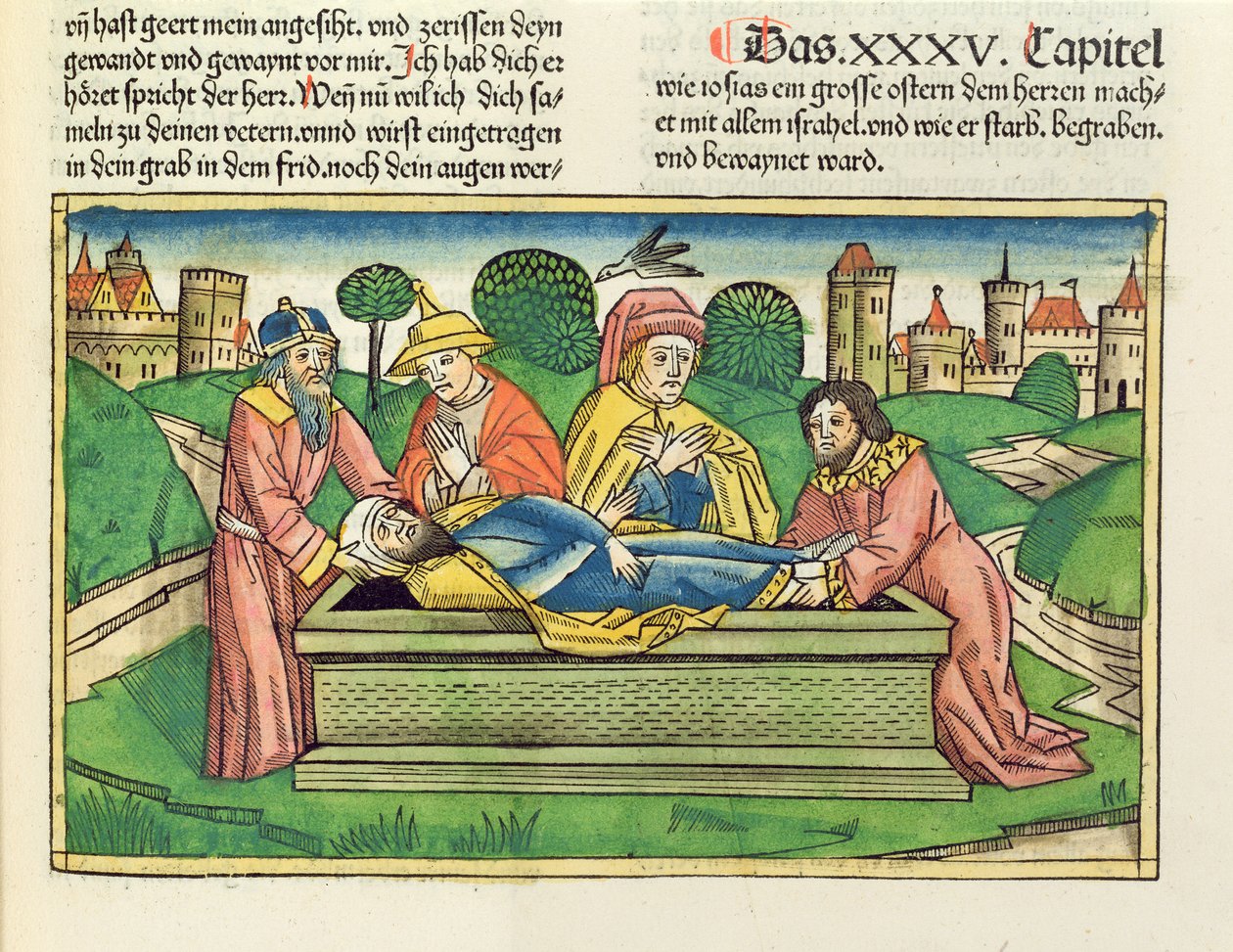 2 Krönikeboken 35 24 Josias begravning, från Nürnbergbibeln (Biblia Sacra Germanaica) (färgat träsnitt) av German School