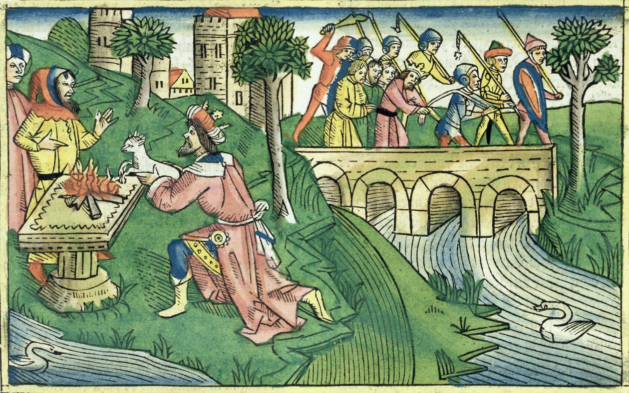 2 Kungaboken 16 9-16 Folket i Damaskus tas till fånga, från Nürnbergbibeln (Biblia Sacra Germanaica) (färgat träsnitt) av German School
