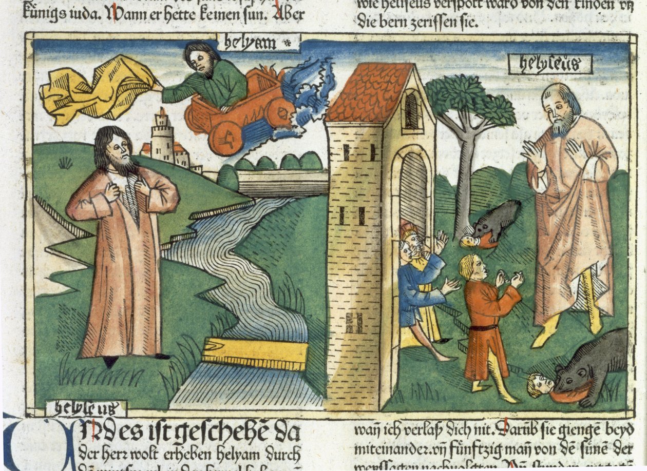 2 Kungaboken 2 1-24 Elia stiger upp till himlen i en virvelvind och pojkarna som hånade Elisa blir uppätna av björnar, från Nürnbergbibeln (Biblia Sacra Germanaica) (färgat träsnitt) av German School