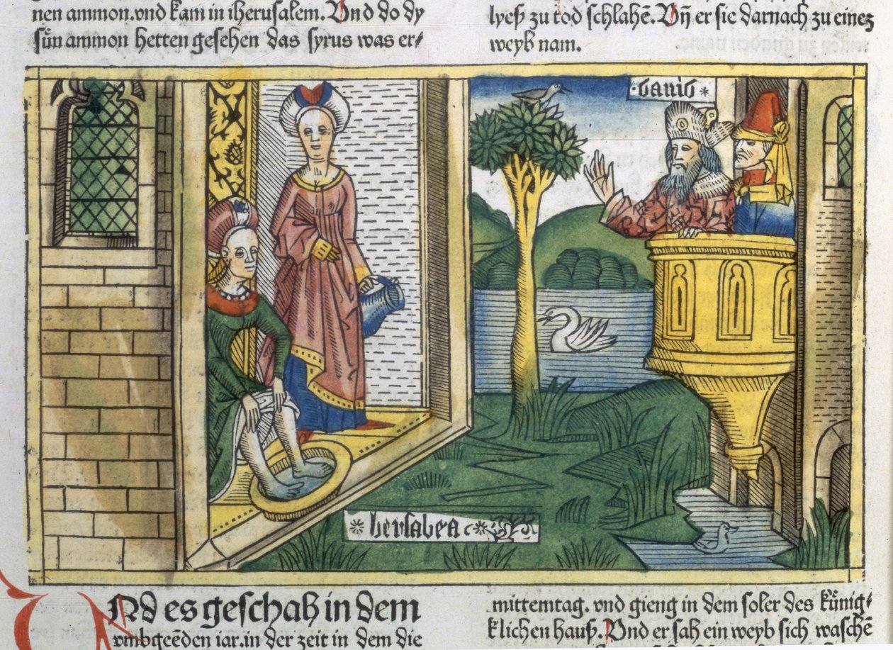 2 Samuel 11 1-5 David ser Batseba bada, från Nürnbergbibeln (Biblia Sacra Germanaica) (färgat träsnitt) av German School
