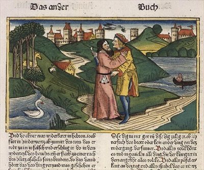 2 Samuelsboken 3:27 Joab mördar Abner, från "Nürnbergbibeln (Biblia Sacra Germanaica)" (färgat träsnitt) av German School