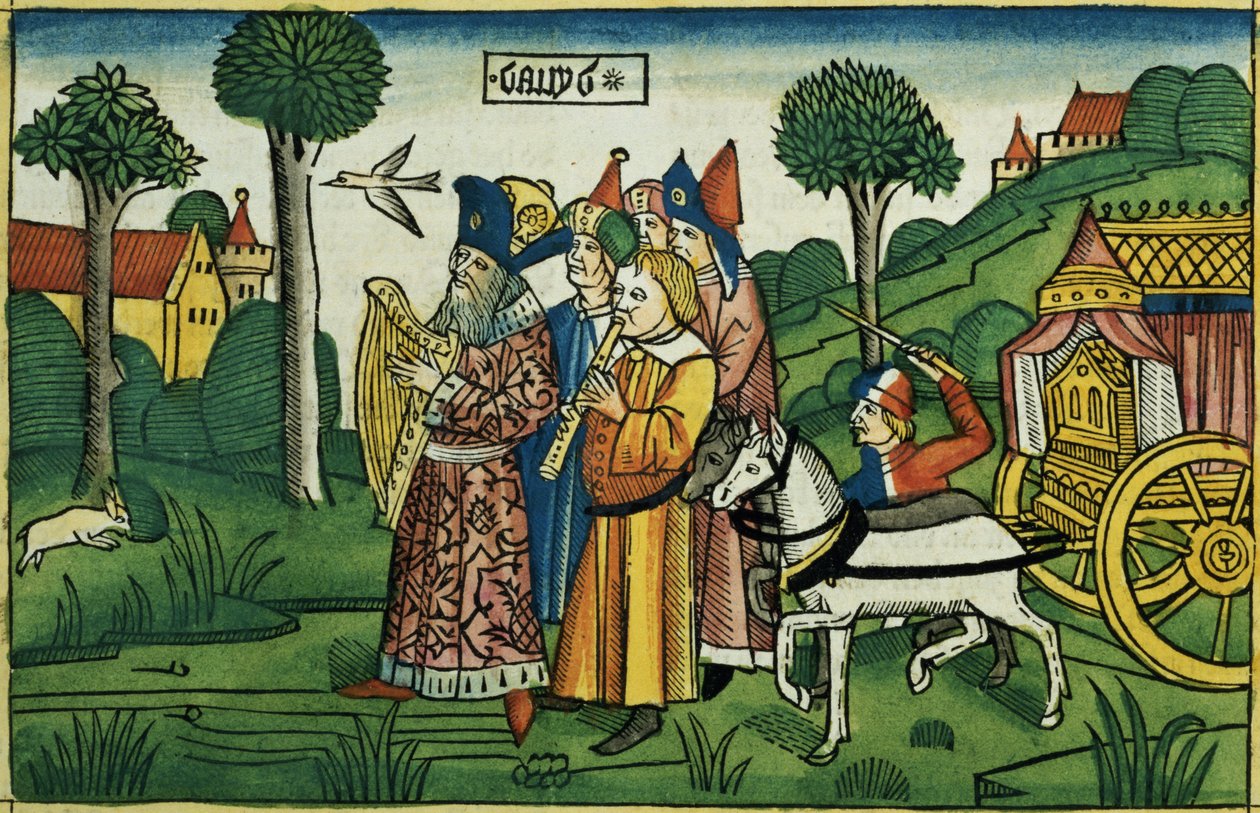 2 Samuel 6 1-5 David tar med arken till Jerusalem, från Nürnbergbibeln (Biblia Sacra Germanaica) (färgat träsnitt) av German School