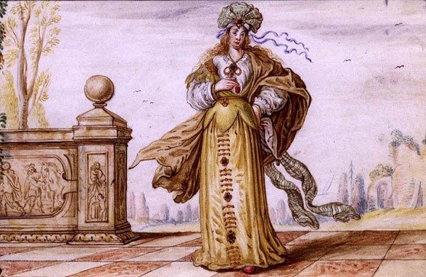 Allegorisk kvinna med smycken på en terrass, ca 1640 (gouache på pergament) av German School