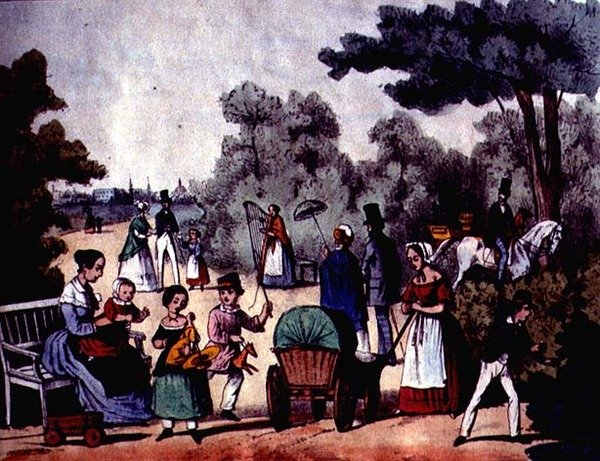 En tysk park på sommaren, ca 1860 (färggravyr) av German School