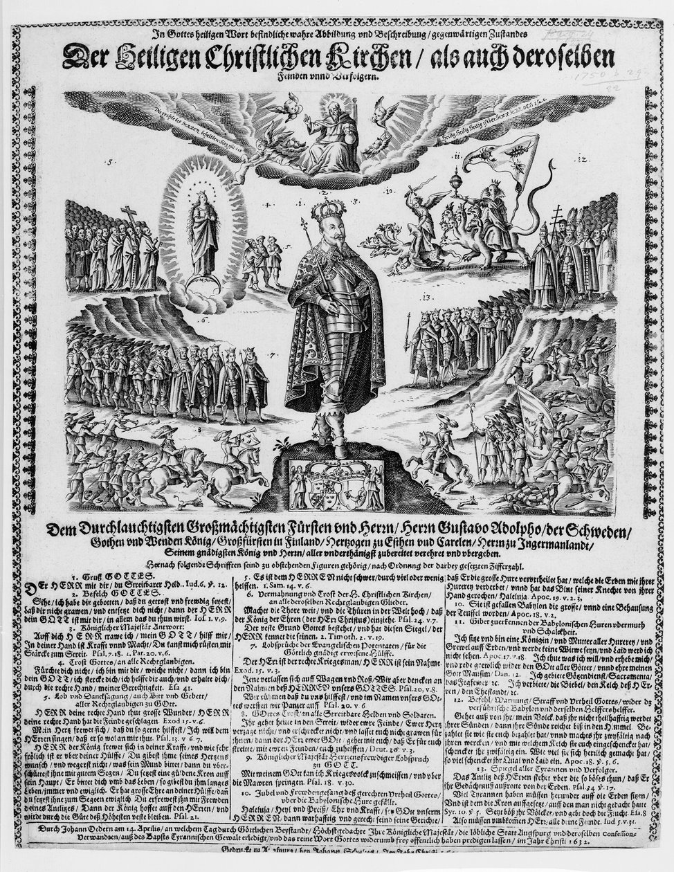 Ett tyskt broadsheet som visar Gustavus Adolphus som den protestantiska sakens förkämpe av German School