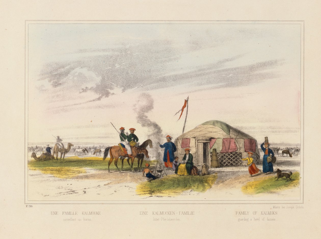 En kalmykisk (västmongolisk) familj som vallar hästar, bildblad publicerat av Joseph Scholz, Mainz, ca 1860 av German School