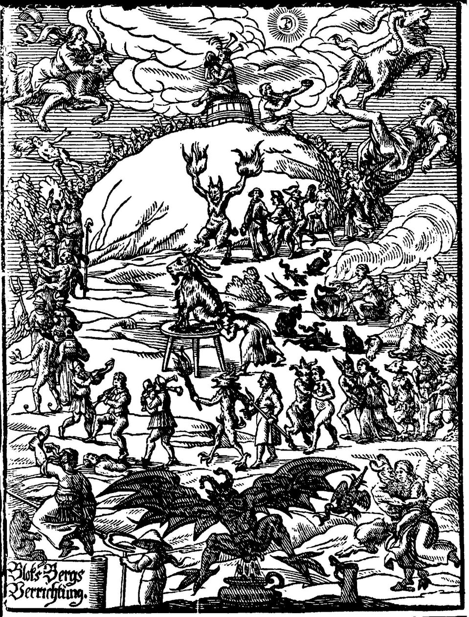 En sabbatsceremoni, en get som representerar djävulen står i centrum, omgiven av häxor och demoner. Tysk gravyr från 1500-talet av German School
