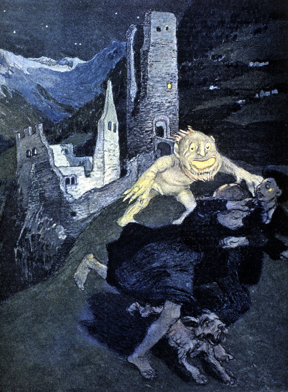 En trollnatt av roliga, skrämmande förbipasserande (färg litho) av German School