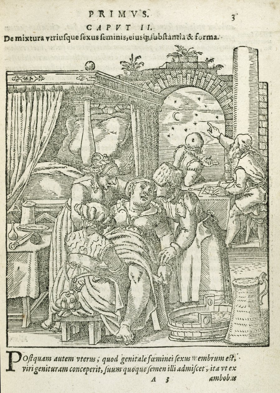A Woman in Labour, illustration från kapitel 2, bok 1 av On the Conception and Growth of Man av Rueff, 1587 av German School