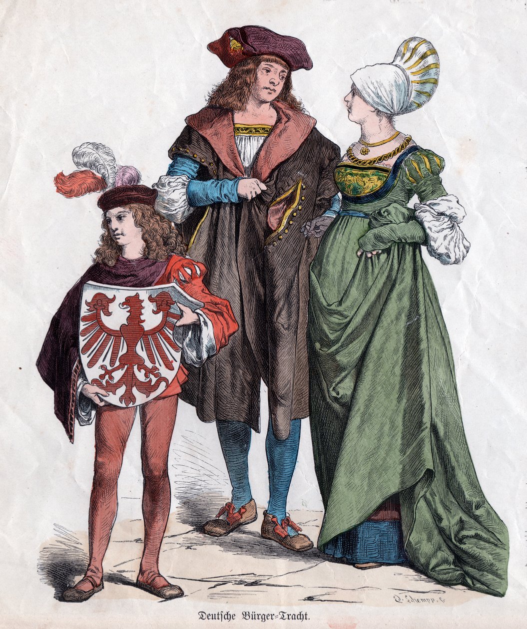 En borgerlig familj. Tyska dräkter från XVI-talet från "Munchener Bilderbogen", Tyskland, ca 1880 (gravyr) av German School