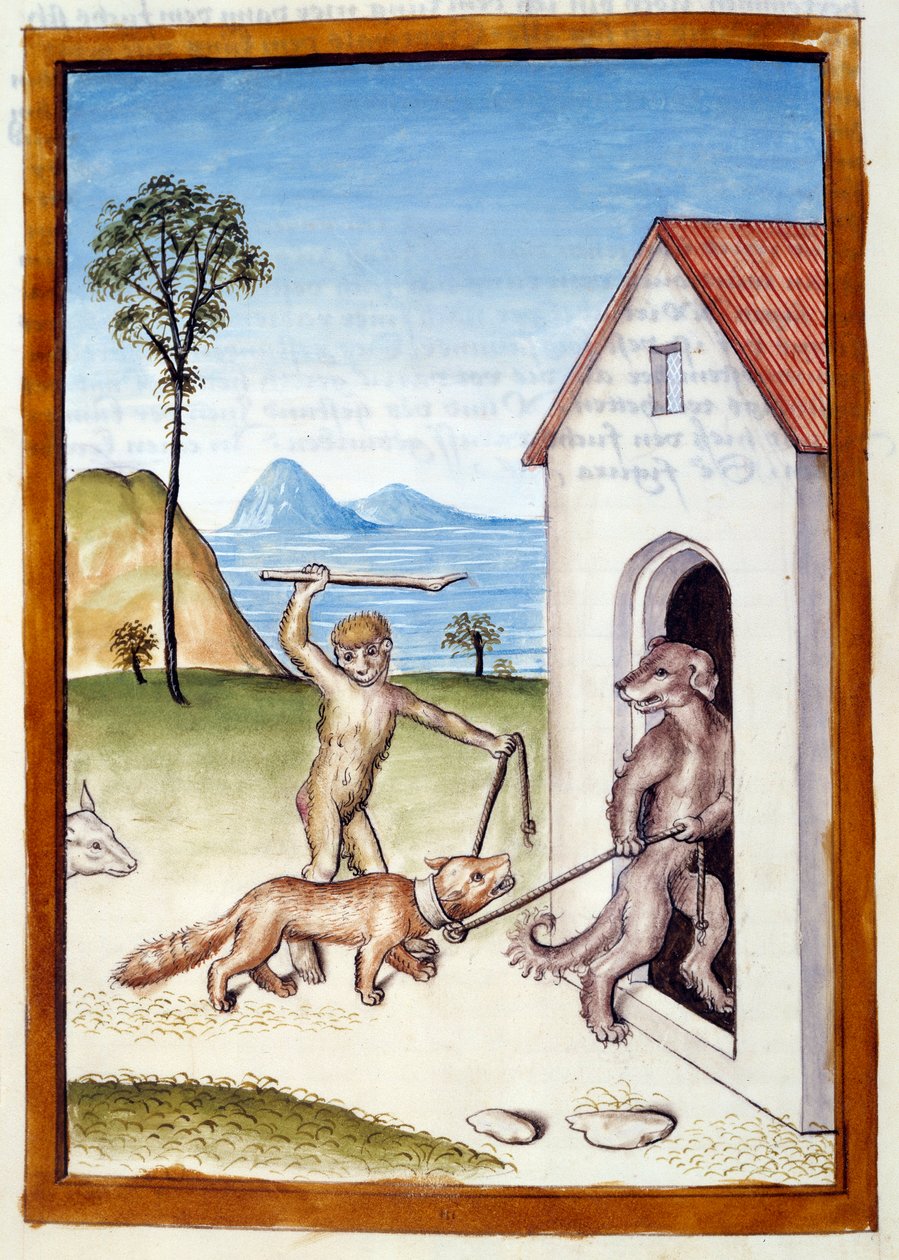 En hund och en apa tyranner en vessla. Djur avbildade i manlig ställning. Miniatyr hämtad från en tysk översättning av fablerna om "" Kalila (Calila) och Dimna" av Bidpai. Chantilly från 1400-talet, Musee Conde av German School