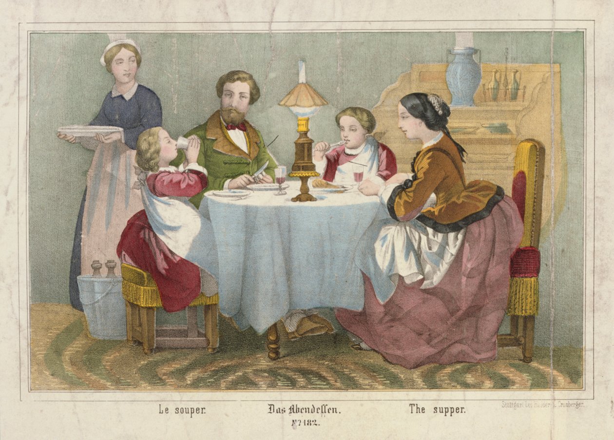 En familj vid sin kvällsmåltid, bildblad publicerat av Haider & Cronberger, Stuttgart, 1860 av German School