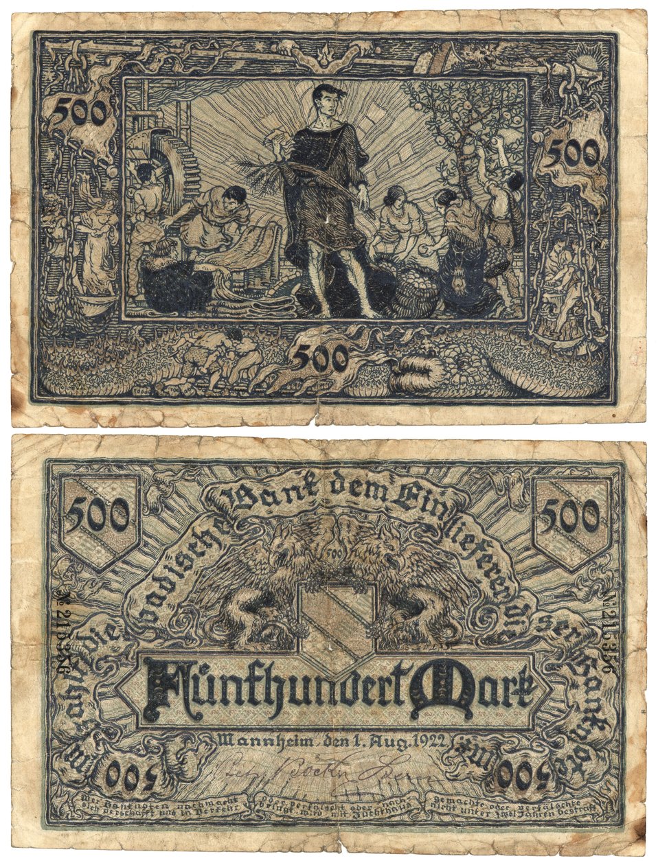 En femhundramarkssedel, 1922 (recto och verso) av German School
