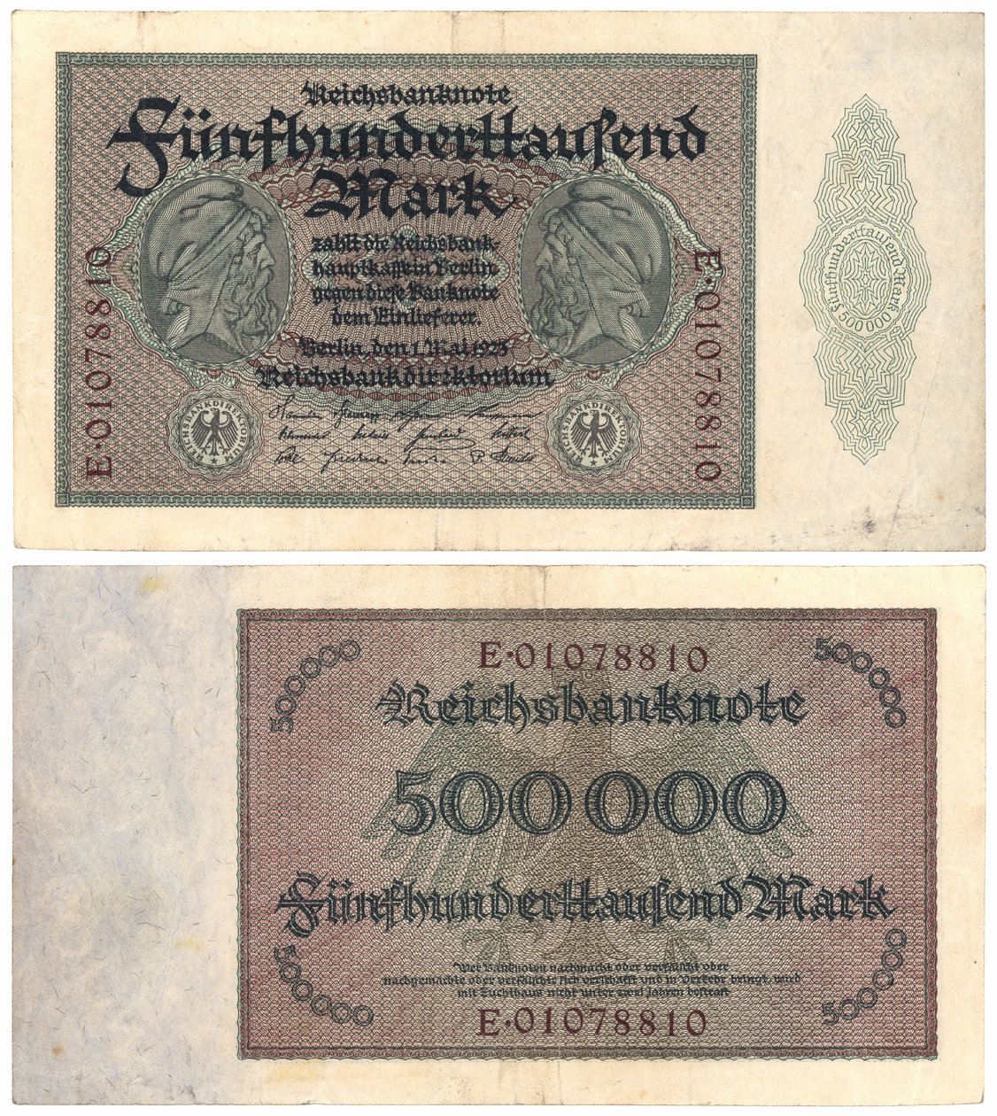 En femhundratusen markssedel, 1923 (recto och verso) av German School