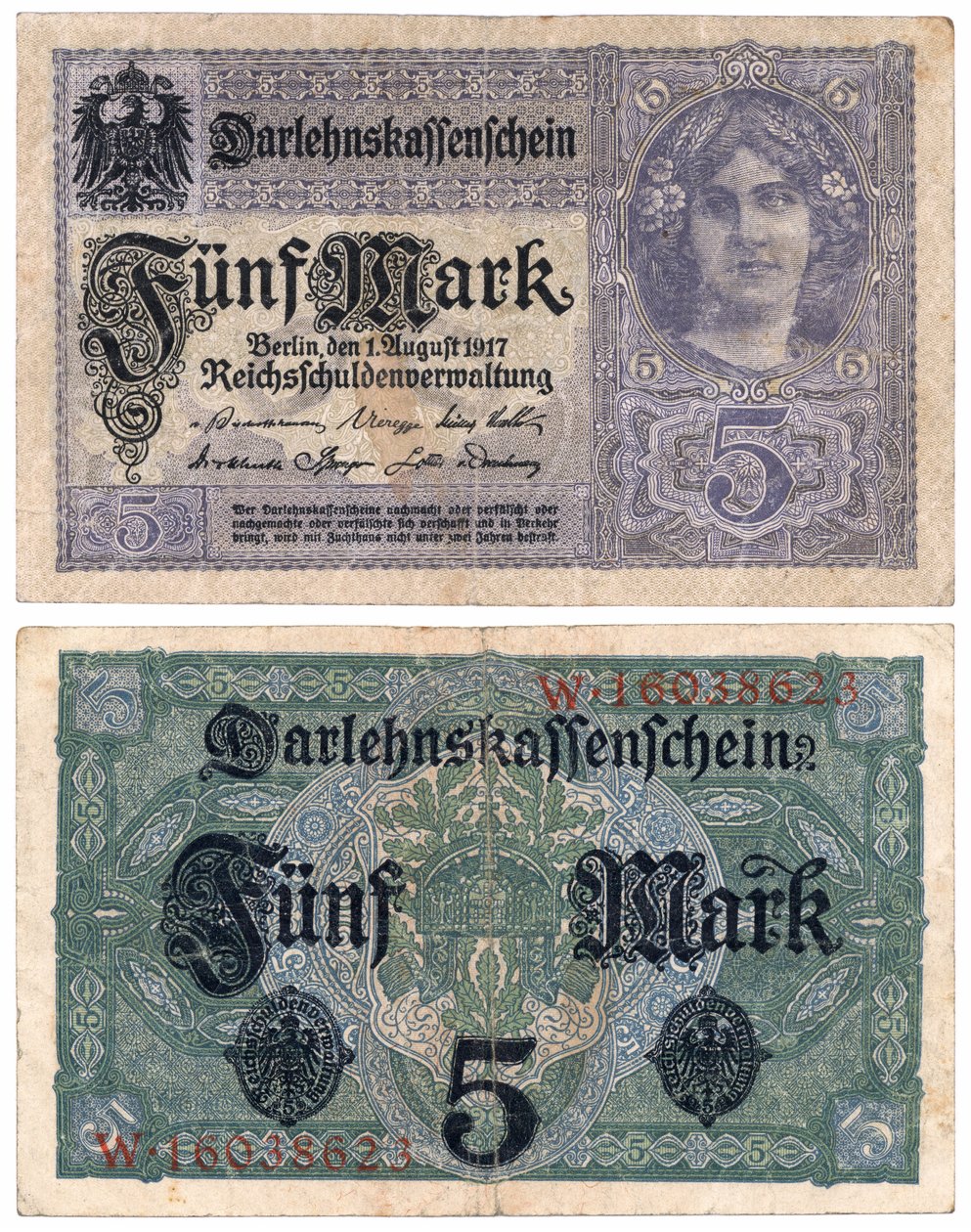 En femmarkssedel, 1917 (recto and verso) av German School