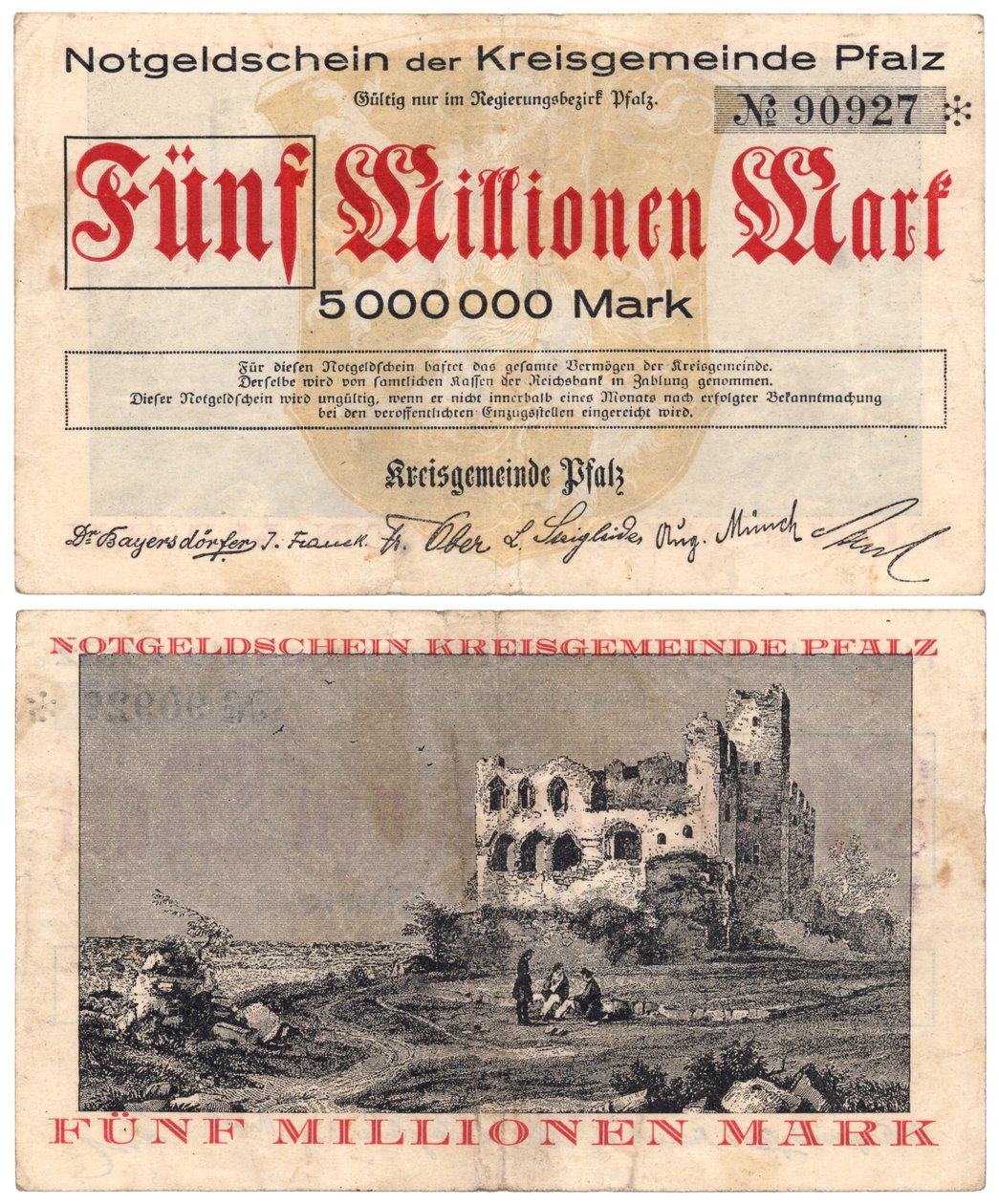 En sedel på fem miljoner mark, ca 1923 (recto och verso) av German School