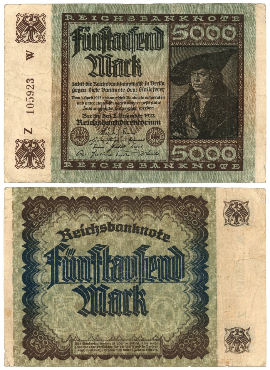En femtusenmarkssedel, 1922 (recto och verso) av German School