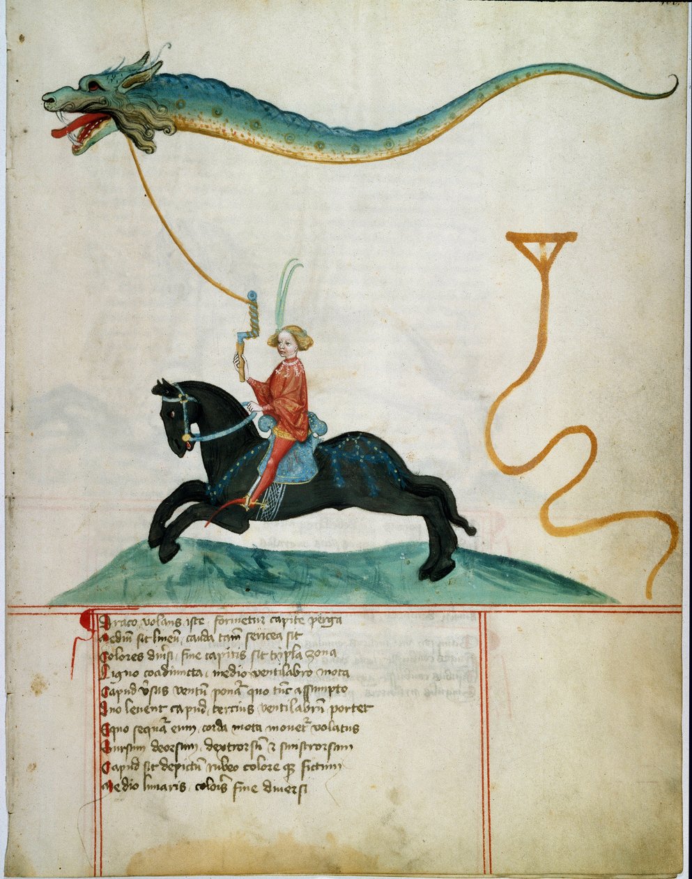 En riddare som håller en drake som flyger hjort Manuskriptsida av den tyska skolan på 1400-talet. 1405 Göttingen, universitetets bibliotek av German School